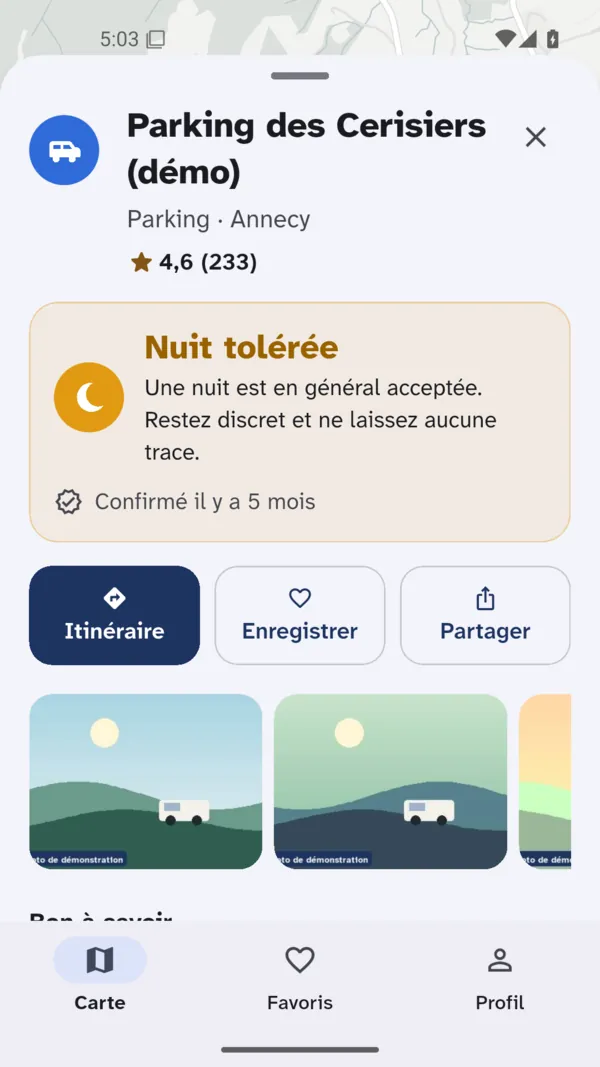 Le haut d'une fiche : la carte Nuit tolérée, confirmée il y a 5 mois, puis les photos du lieu.